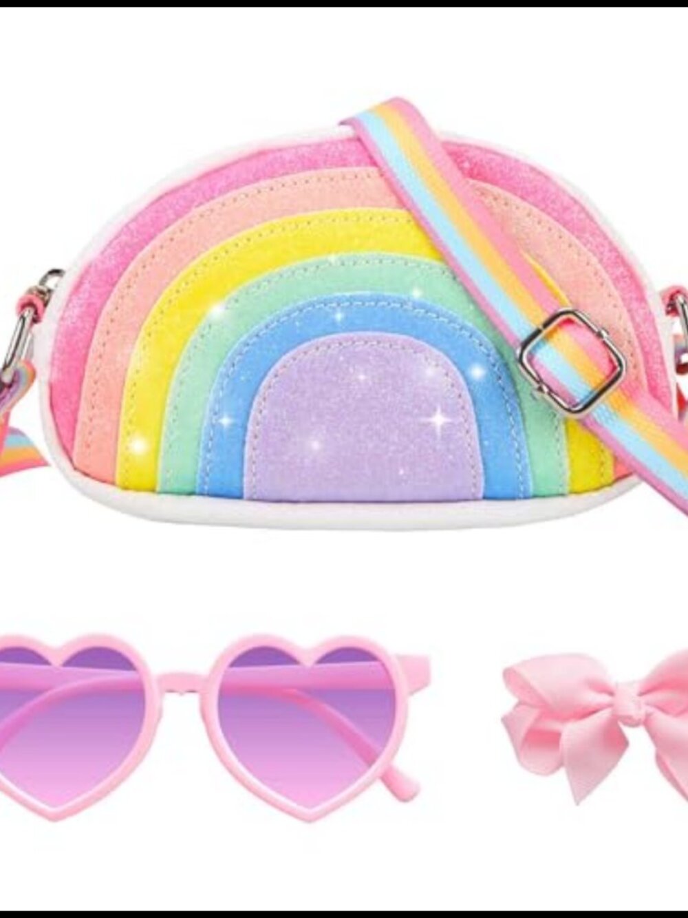 Toddler Girls Sparkly Rainbow Crossbody Purse Set with Sunglasses & Hair Clip